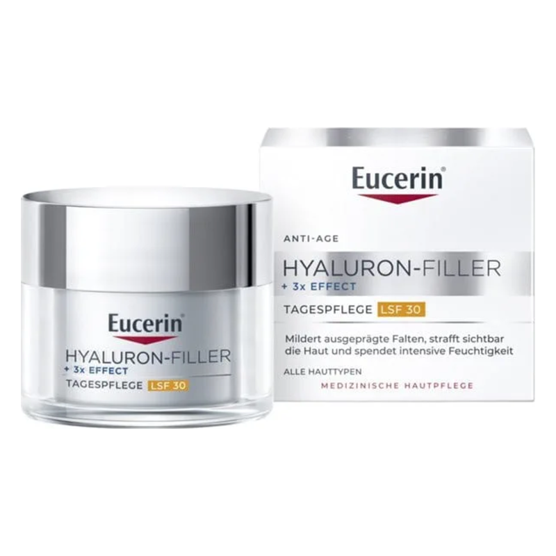 Eucerin Hyaluron-Filler Tagespflege in einem transparenten Tiegel mit silbernem Deckel, verpackt in einer weißen Box mit rotem Logo.