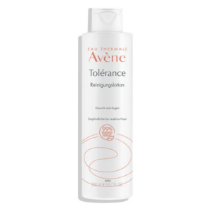 Flasche mit Avène Toleranz Reinigungs lotion für Gesicht und Augen, geeignet für empfindliche Haut.