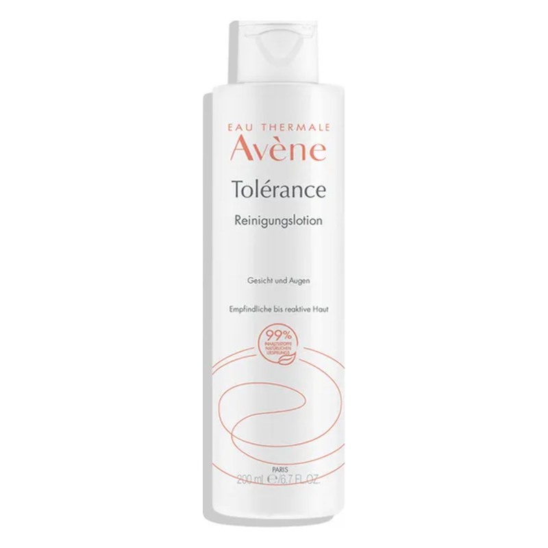 Flasche mit Avène Toleranz Reinigungs lotion für Gesicht und Augen, geeignet für empfindliche Haut.