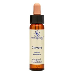 Braune Glasflasche mit Tropfverschluss, etikettiert als "Clematis" von Healing Herbs, für Bachblüten.