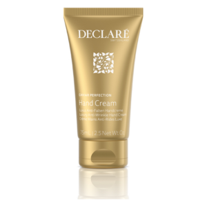 Goldfarbene Tube der Declare Caviar Perfection Handcreme mit Schutzverschluss und edlem Design.