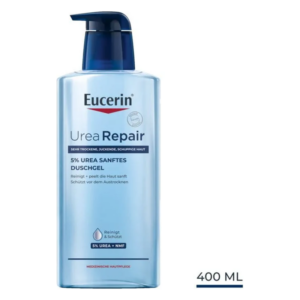 Flasche Eucerin Urea Repair Duschgel mit 5% Urea, Inhalt 400 ml, für trockene, juckende Haut.