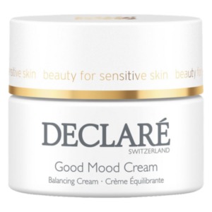 Eine weiße Cremepackung mit goldenen Akzenten, bezeichnet als "Good Mood Cream" von DECLARE für empfindliche Haut.