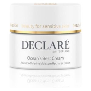Weißes Cremetiegelchen mit goldener Schrift, beschriftet mit "Ocean's Best Cream" von Declare, für empfindliche Haut.