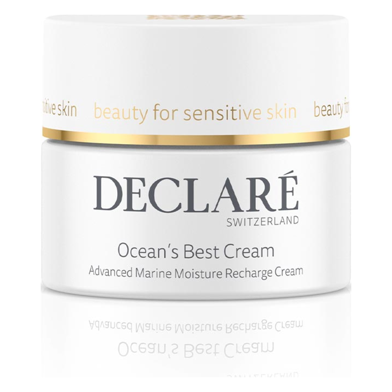 Weißes Cremetiegelchen mit goldener Schrift, beschriftet mit "Ocean's Best Cream" von Declare, für empfindliche Haut.