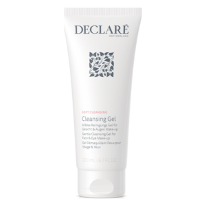 Weißer Tubenbehälter mit der Aufschrift 'Soft Cleansing Cleansing Gel', mild für Gesicht und Augen.