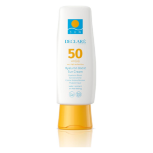 Sonnencreme in weißer Tube mit orangem Deckel, Schutzfaktor 50, wasserfest und ölfrei.