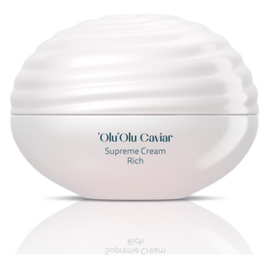Runde, weiße Cremeverpackung mit gewelltem Deckel und der Aufschrift 'Olu'Olu Caviar Supreme Cream Rich'.