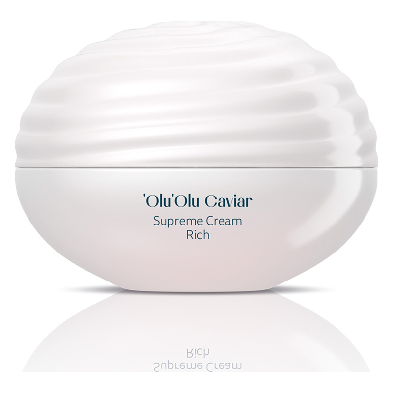 Runde, weiße Cremeverpackung mit gewelltem Deckel und der Aufschrift 'Olu'Olu Caviar Supreme Cream Rich'.