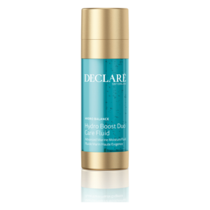 Transparente Flasche mit goldfarbenem Pumpverschluss, enthält Hydro Boost Duo Pflegefluid für intensive Feuchtigkeit.