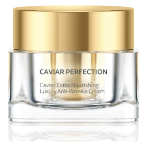 Gläserne Creme-Dose mit goldfarbenem Deckel, beschriftet mit "Caviar Perfection" für luxuriöse Anti-Aging-Pflege.