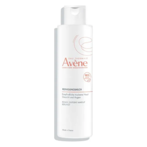 Flasche mit Reinigungsmilch von Avène für empfindliche, trockene Haut, designed zur sanften Reinigung und Makeup-Entfernung.