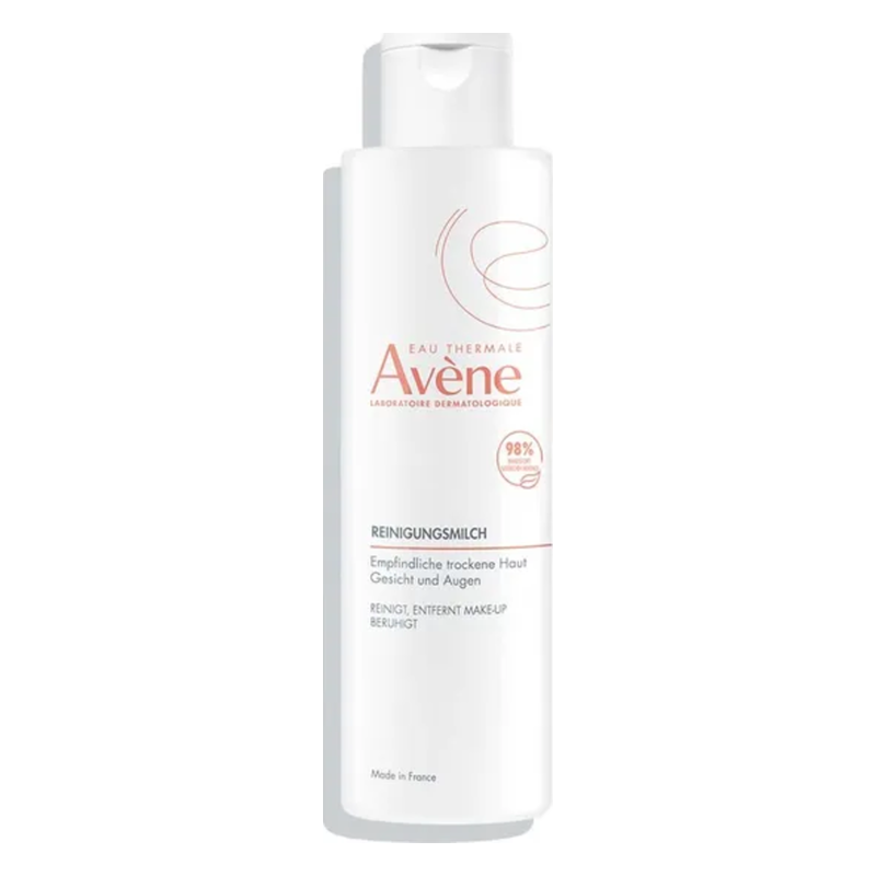 Flasche mit Reinigungsmilch von Avène für empfindliche, trockene Haut, designed zur sanften Reinigung und Makeup-Entfernung.