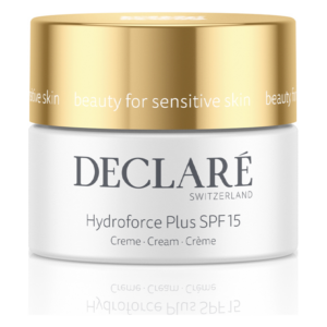 Aufbewahrungsglas für Hydroforce Plus SPF 15 von DECLARÉ mit goldfarbenem Deckel und weißem Behälter.