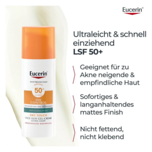 Eucerin Sonnencreme für das Gesicht, LSF 50+, ölfreie Formel, schnell einziehend, ideal für akneanfällige Haut.