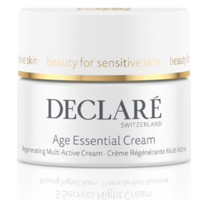 Weißes Cremetöpfchen mit goldenen Akzenten, beschriftet mit "Age Essential Cream" und "DECLARe SWITZERLAND".