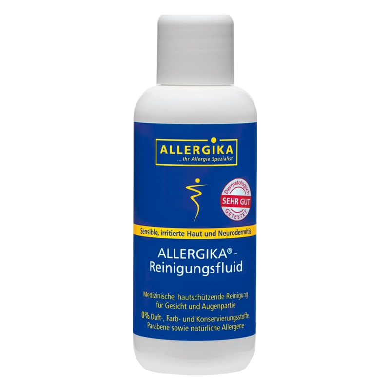 Flasche mit Allergika Reinigungsfluid für sensible Haut, dermatologisch getestet, ohne Duft- und Farbstoffe.
