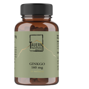 Braune Flasche mit schwarzem Deckel, beschriftet mit "TAUERN Apotheke Mittersill Ginkgo 160 mg" und Zutatenliste.