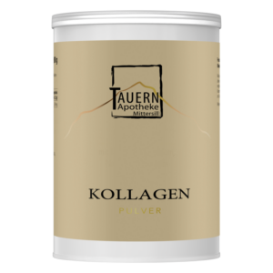 Runde Dose mit cremiger Verpackung, beschriftet mit "Kollagen Pulver" und dem Logo "TAUERN Apotheke Mittersill".