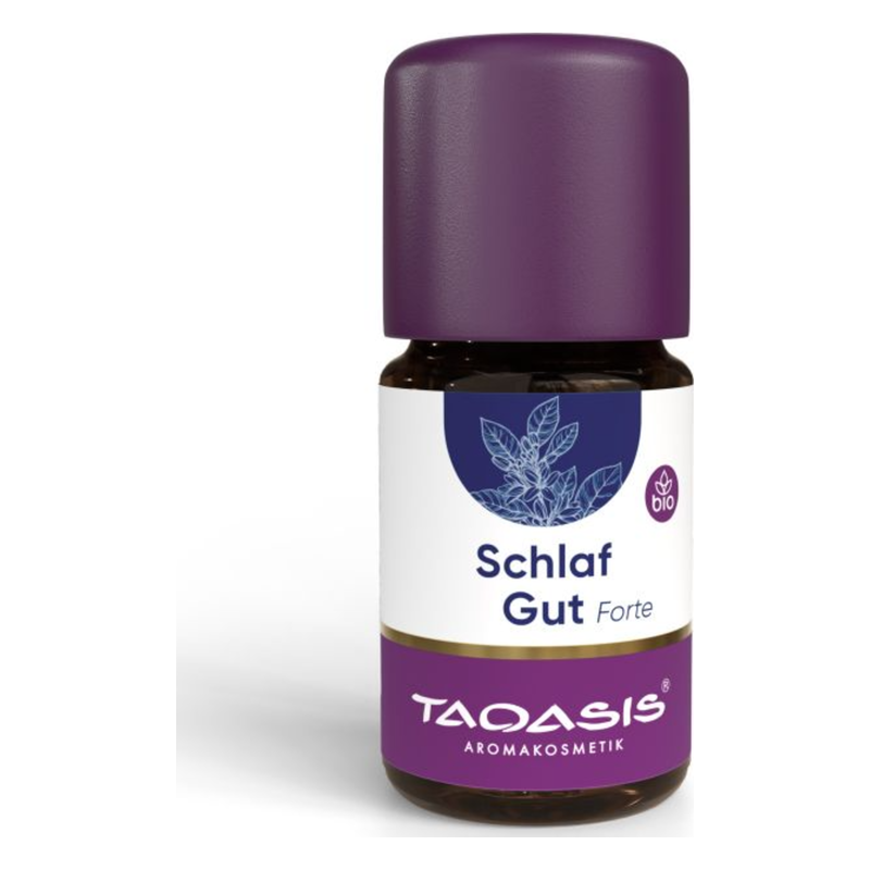 Flasche mit ätherischem Öl "Schlaf Gut Forte" von TAAQASIS in einer dunklen Glasflasche mit lila Deckel.