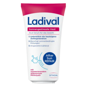 Tube mit After-Sun-Serum von Ladival für sonnenbeanspruchte Haut, mit beruhigenden und regenerierenden Eigenschaften.