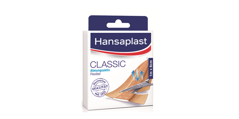 Hansaplastclassic.png Verpackung von Hansaplast Classic, atmungsaktives und flexibles Pflaster, sichtbar sind Scheren und Maßangaben.