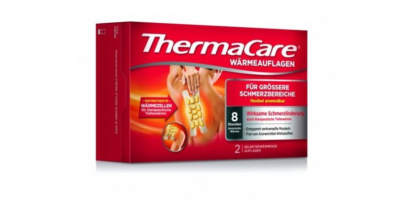 ThermaCare Wärmepackungen in roter Verpackung, geeignet zur Linderung von Schmerzen durch konstante Wärme.