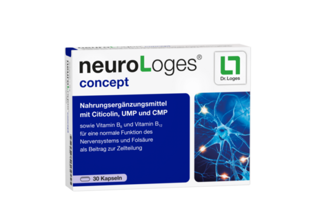 Verpackung des Nahrungsergänzungsmittels neuroLoges concept mit Citicolin, UMP, CMP und Vitaminen.