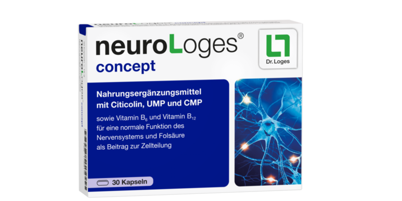 neuroLoges_concept.png Verpackung des Nahrungsergänzungsmittels neuroLoges concept mit Citicolin, UMP, CMP und Vitaminen.