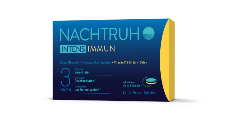 Nachtruh_intens_immun.png Verpackung von NachtRuhe Intens Immun, enthält Melatonin, Ashwagandha, Baldrian, Vitamine und Mineralstoffe, 20 Tabletten.