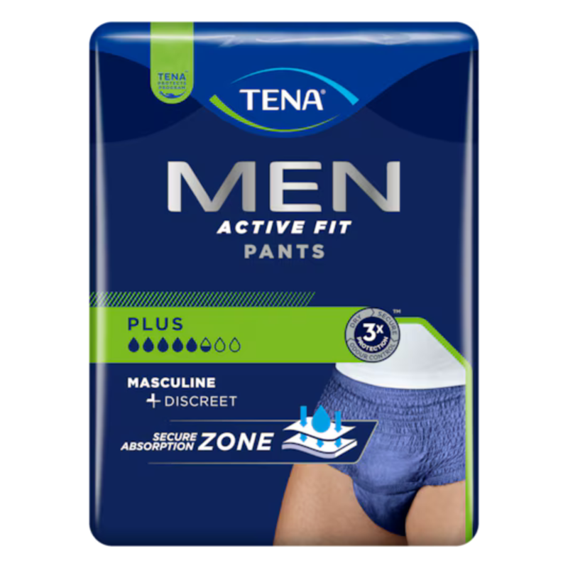 Verpackung von TENA MEN Active Fit Pants in Blau mit grünen Akzenten und Absorptionszone für diskrete Unterstützung.