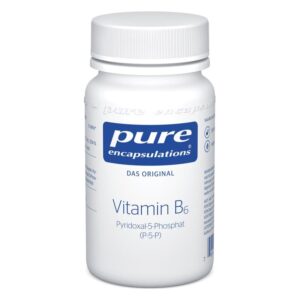 Weißes Fläschchen mit blauer Beschriftung, enthält Vitamin B6 in Form von Pyridoxal-5-Phosphat.