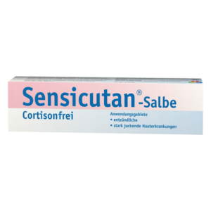 Verpackung der Sensicutansalbe, cortisonfrei, mit Anwendungshinweisen für entzündliche Hauterkrankungen.