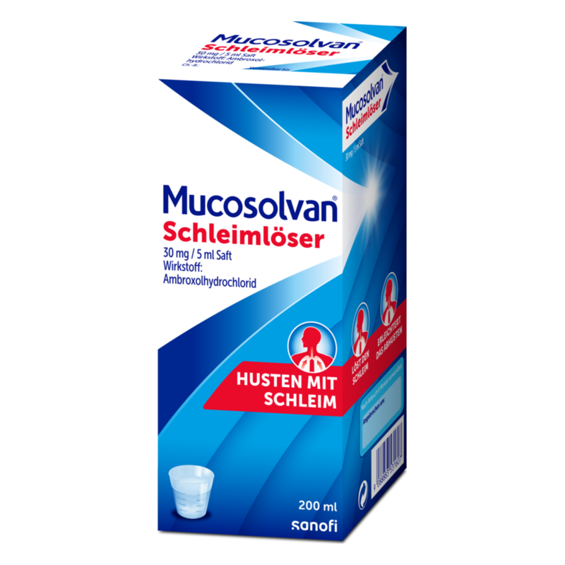 Mucosolvan Schleimlöser in einer blauen Verpackung mit rotem Schriftzug, enthält 200 ml Saft zur Schleimlösung.