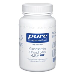 Weißer Kunststoffbehälter mit Schraubverschluss, beschriftet mit "pure encapulations Glucosamin Chondroitin + MSM".