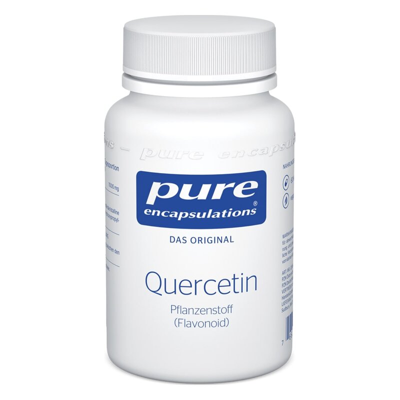 Weißes Fläschchen mit Schraubdeckel, beschriftet mit "Quercetin" und Inhaltsdetails von pure encapsulations.