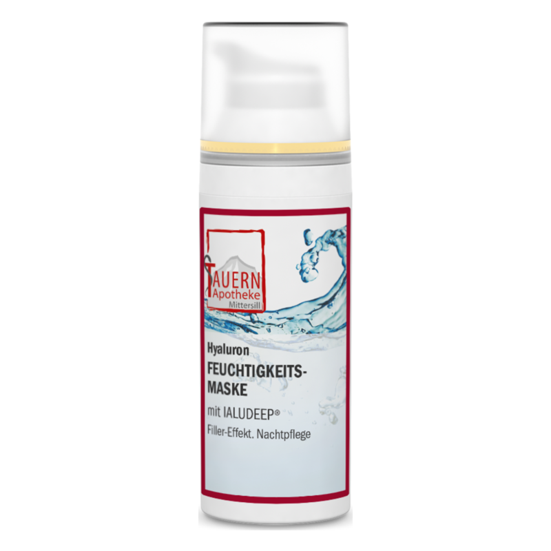 Tube mit Hyaluron Feuchtigkeitsmaske in Weiß und Blau, für Nachtpflege und mit Filler-Effekt. Verpackung mit Pumpspender.