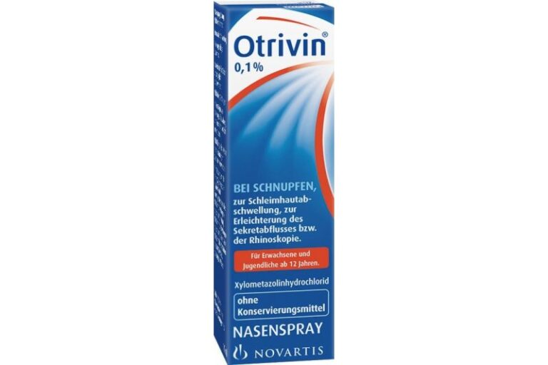 Otrivin Nasenspray in einer blauen Verpackung mit Informationen zur Anwendung und Inhaltsstoffen.