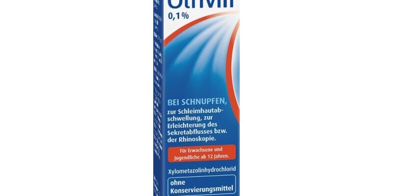 Otrivin Nasenspray in einer blauen Verpackung mit Informationen zur Anwendung und Inhaltsstoffen.