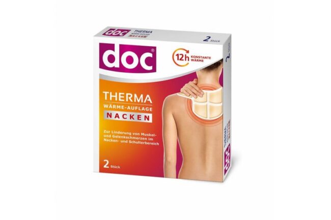 Verpackung einer Wärmeauflage für den Nacken mit Informationen zur Anwendung und Wirkdauer.