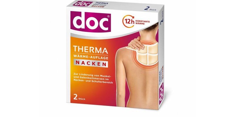 doc_Therma_Nacken_2_Stk.jpg Verpackung einer Wärmeauflage für den Nacken mit Informationen zur Anwendung und Wirkdauer.